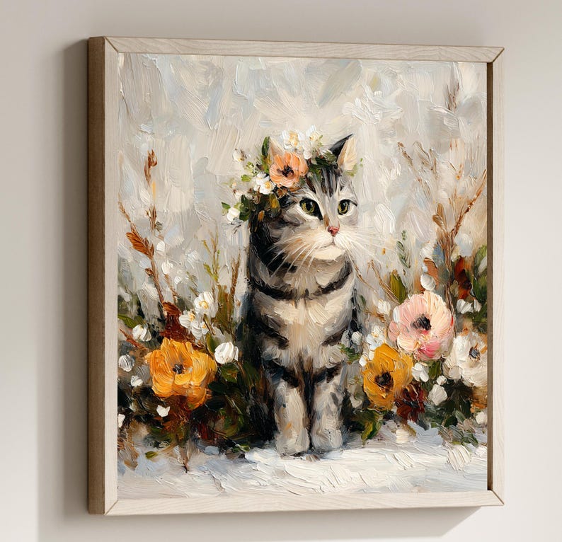 Puede incluir: Pintura enmarcada de un gato atigrado gris con una corona floral, rodeado de flores coloridas. La obra de arte presenta un estilo suave e impresionista, con un fondo claro y un marco de madera.