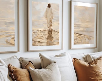 Jesus Christ Walking on Water, Christian Art, Digital Jesus Portrait, I Will Walk With Christ LDS, Jesus Oil Painting, Bible Set of 3 Art