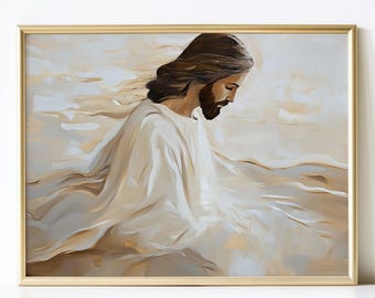 Printable Jesus Wall Art, Neutral Minimalist Christian Instant Download, Jesus in Water Art, Horizontal Faith Print, LDS and Catholic Art