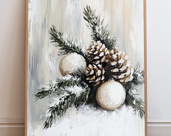 Vintage Christmas Ornaments with Festive Greenery Printable Wall Art, Neutral Holiday Decor, Boho Christmas, Modern Farmhouse