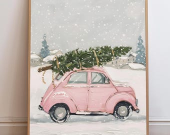 Printable Christmas Wall Art - Vintage Pink Car with Christmas Tree, Fun Pink Christmas Decor, Instant Download, DIY Holiday Art