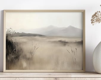 Printable Prairie Mountain Wall Art | Beige and Grey Landscape Print | Horizontal Scenic Artwork Download | Farmhouse, Rustic, Traditional