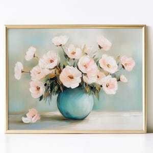 Printable Blush Floral Wall Art, Horizontal Flower Print, Vintage Style Oil Painting, Blush and Teal Digital Download, Elegant Farmhouse Art