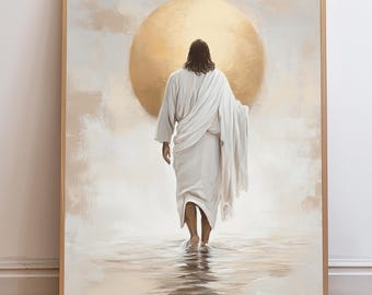 Jesus Christ Walking on Water, Christian Art, Digital Jesus Portrait, I Will Walk With Christ LDS, Jesus Oil Painting, Bible Verse Wall Art