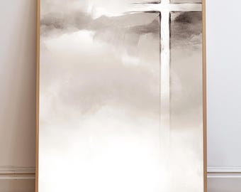 Christian Cross Printable Wall Art, Modern Faith Decor, Grey Minimalist Background, Abstract Religious Art, Grey and Beige Home Decor