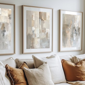 Juego de 3 cuadros abstractos en beige y gris, tres impresiones en colores neutros, descarga instantánea, decoración del hogar para imprimir por ti mismo, estilo bohemio minimalista moderno