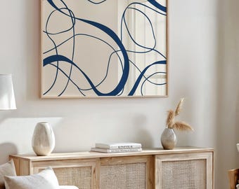 Modern Blue Abstract Line Art Printable, Horizontal Landscape Minimalist Wall Art, Beige Background, Instant Download Decor