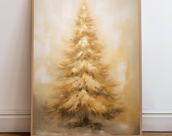 May include: A painting of a golden Christmas tree with a soft, abstract background. The tree is painted in shades of gold, brown, and beige, creating a warm and inviting atmosphere.