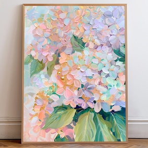 Arte de parede de hortênsia - Impressão digital de download instantâneo | Pintura a óleo floral moderna | Rosa, roxo, verde, pêssego, abstrato dourado para impressão