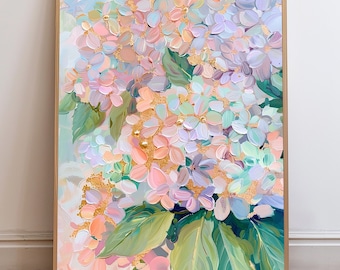 Hydrangea Wall Art - Instant Download Digital Print | Modern Floral Oil Painting | Pink, Purple, Green, Peach, Gold Abstract Printable