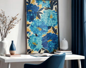 Blue Floral Wall Art Printable, Anthropologie Inspired Blue Blossom Print, Boho Retro Floral Digital Download, Modern Abstract Flower