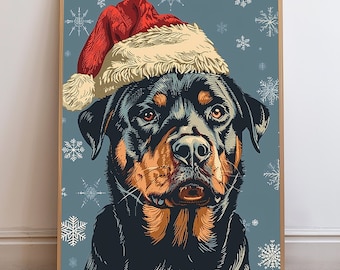 Festive Rottweiler Pop Art Print, Santa Hat Christmas Decor, Fun Holiday Dog Art, Christmas Wall Art, Instant Download Dog Lover Gift