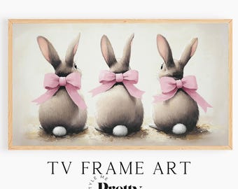Easter Samsung TV Frame Art, Three Bunnies with Pink Bows, Spring Frame Art, 16:9 TV Art, Easter Bunny, Spring Decor for TV, 3840x2160