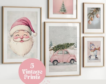 Printable Christmas Wall Art Set, 5 Piece Vintage Pink Christmas Prints, Santa, Snowman, Car, Ornaments, and Tree, Pink Theme Christmas