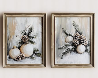 Vintage Christmas Ornaments with Festive Greenery Printable Wall Art, Neutral Holiday Decor, Boho Modern Farmhouse Instant Download