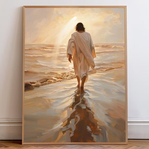 Jesus Christ Walking on Water, Christian Art, Digital Jesus Portrait, I Will Walk With Christ LDS, Jesus Oil Painting, Bible Verse Wall Art