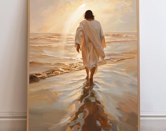 Jesus Christ Walking on Water, Christian Art, Digital Jesus Portrait, I Will Walk With Christ LDS, Jesus Oil Painting, Bible Verse Wall Art