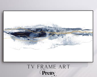 Watercolor Blue Horizon, Modern Minimalist Samsung Frame TV Art, Blue, White and Gold Television Art, Digital TV JPG Download