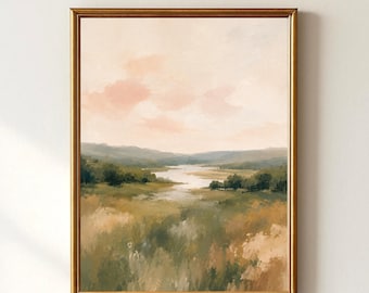 Vintage Landscape Wall Art Printable, Muted Green Country River Print, Warm Minimalist Impressionist Poster, Rustic Meadow Download