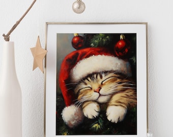 Printable Kitten in Christmas Tree Wall Art, Vintage Cat Christmas Print, Instant Download Holiday Cat Decor, Neutral Festive Digital Art