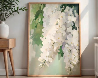Floral Wall Art Printable, White Wisteria Botanical Art, Modern Floral Abstract Print, Vertical Flower Digital Download