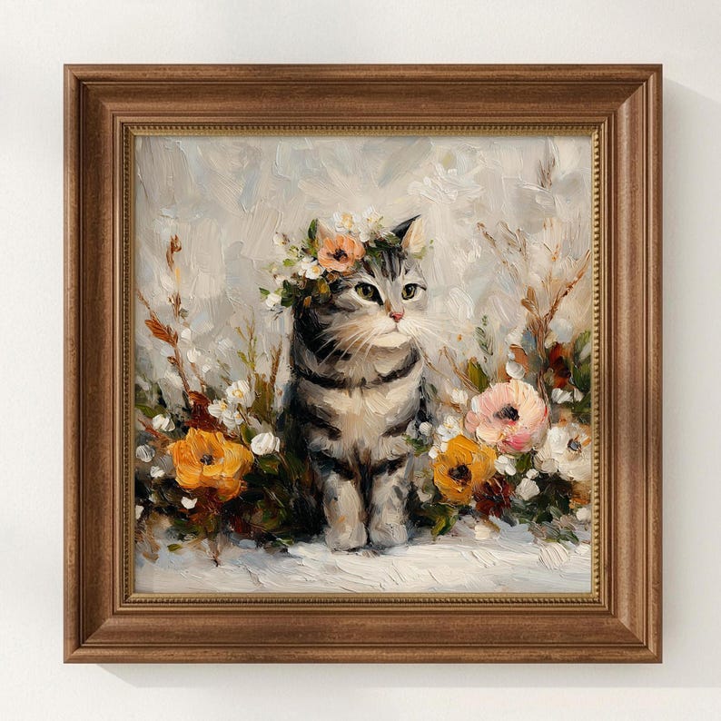 Puede incluir: Pintura enmarcada de un gato atigrado gris con una corona floral, rodeado de flores coloridas. La obra de arte presenta un estilo detallado y texturizado con una paleta de colores c&aacute;lidos. El marco es de color marr&oacute;n oscuro.