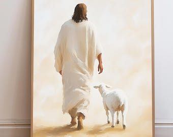 Jesus Christ the Shepherd, Christian Art, Digital Jesus Portrait, Parable of the Lost Sheep, Jesus Oil Painting, Bible Verse Wall Art