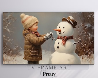Christmas Samsung Frame TV Art, Boy and Snowman Landscape, Holiday Digital TV JPG Download, Festive