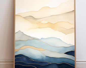 Printable Blue and Beige Wall Art, Modern Minimalist Landscape Print, Serene Vertical Art, Calming Abstract Mountains, Instant Download