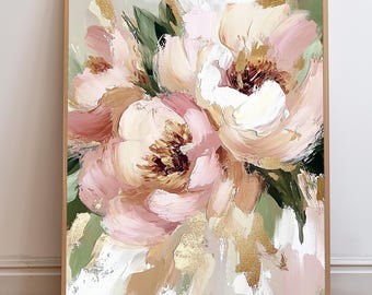 Blush Peony Abstract Wall Art, Printable Floral Artwork, Elegant Pink and Gold Flowers, Modern Statement Piece, Instant Digital Download