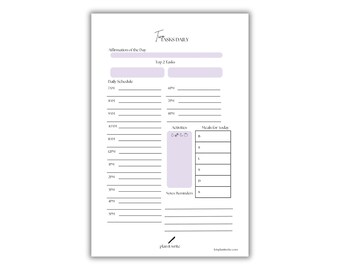 May include: A white daily planner with a minimalist design. The planner includes sections for affirmations, top tasks, a daily schedule, activities, meals, and notes. The text "Top ASKS DAILY" is at the top. The planner is designed to help organize daily tasks.