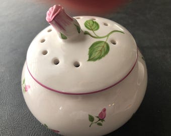 Vintage Shabby Chic Potpourri Pot with delicate pink roses.  this is a Tekeflira gift made in Portugal and very beautiful and delicate!