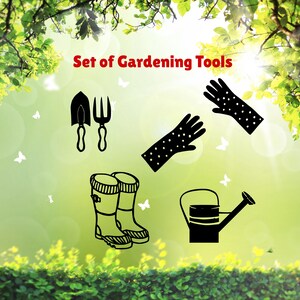 May include: A collection of gardening tools, including a trowel, a garden fork, gloves with white polka dots, wellington boots, and a watering can. The text "Set of Gardening Tools" is displayed in red.