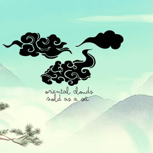 May include: Illustration of three black oriental cloud designs against a light blue and green background with mountains and a tree. Text reads "oriental clouds sold as a set."