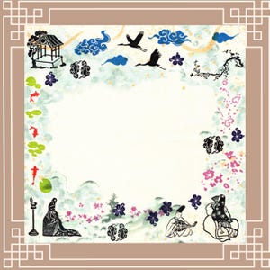Tema asiático oriental japonés chino, zen, bailarín músico, príncipe princesa, amantes, nube, garza, pájaro volador, candelabro, flor de cerezo