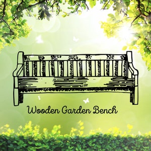 Könnte beinhalten: Eine Schwarzweiß-Zeichnung einer Holzbank für den Garten mit einer Lattenrücklehne und einem Latten-Sitz. Die Bank ist vor einem grün-weißen Hintergrund mit einer verschwommenen Darstellung von Bäumen und Blättern platziert.