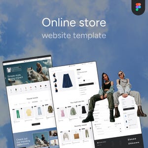 May include: A website template with the text "Online store website template." The template displays a fashion e-commerce site with product listings and two people sitting on the edge of the screen. The sky is blue with white clouds.