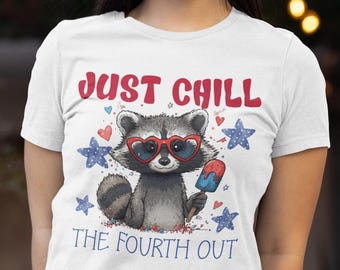 Womens 4th of July Tee | Patriotic Raccoon Summer Shirt