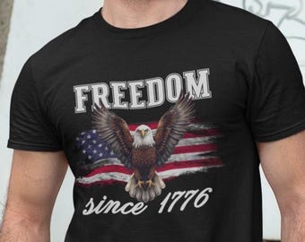 Mens 4th of July Shirt, Freedom Patriot Eagle T-Shirt, 1776 American Flag Vintage Graphic