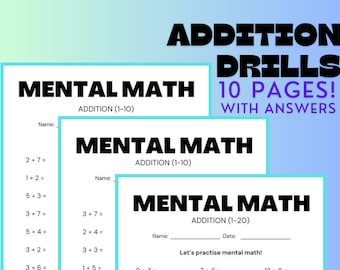 Addition Drills 10 Printable Pages with answers - Instant Digital Download - Numbers 1-20