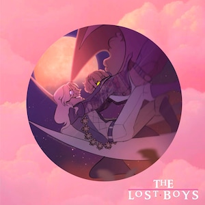 May include: A circular digital illustration featuring two figures in a dynamic pose against a large orange moon. One figure has long light hair and a floral necklace, while the other has dark hair and a patterned jacket. The text THE LOST BOYS is below.