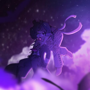 May include: A digital illustration featuring two figures in a purple-hued night sky. One figure with glowing eyes is held by another figure wearing patterned pants and a long scarf. The scene is filled with clouds, stars, and dark silhouettes.