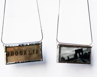 Brooklyn Brooklyn Bridge Pendant in Black and White Stained Glass Reversible Photo Necklace
