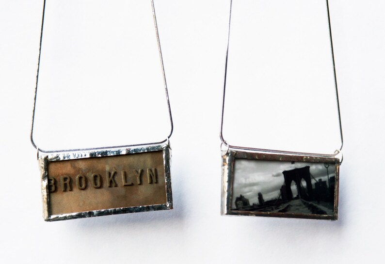 Brooklyn Brooklyn Bridge Pendant in Black and White Stained Glass Reversible Photo Necklace image 1