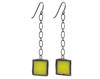 Stained Glass Earrings, Chain Earrings, Yellow Glass  Earrings