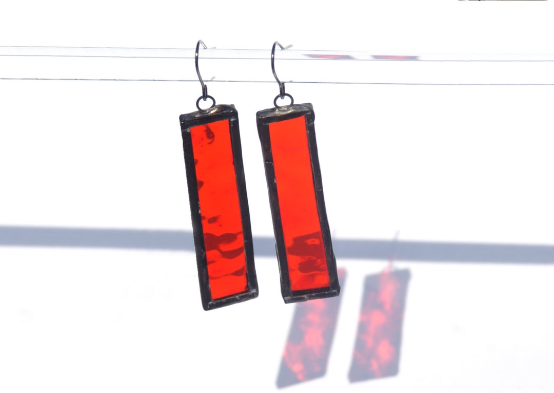 Rectangular Red Earrings Red Rectangle Stained Glass Earrings Are Contemporary Tiffany Style ...