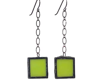 Hanging Earrings, Chain Linked Earrings, Green Earrings, Chartreuse Earrings