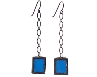 Blue Stained Glass Earrings, Hanging Earrings, Chain Linked Earrings