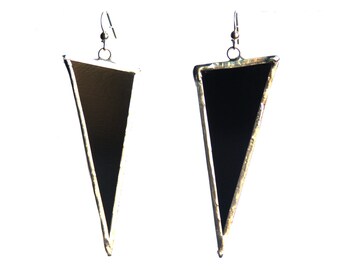 Black Stained Glass Triangle Statement Earrings are Modern Dangling and Geometric Bold Graphic