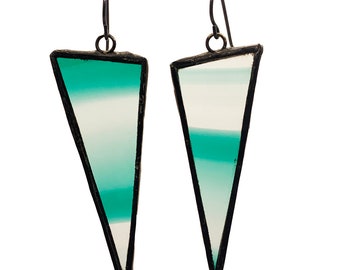 Stained Glass Earrings, Triangle Earring- Green and Clear